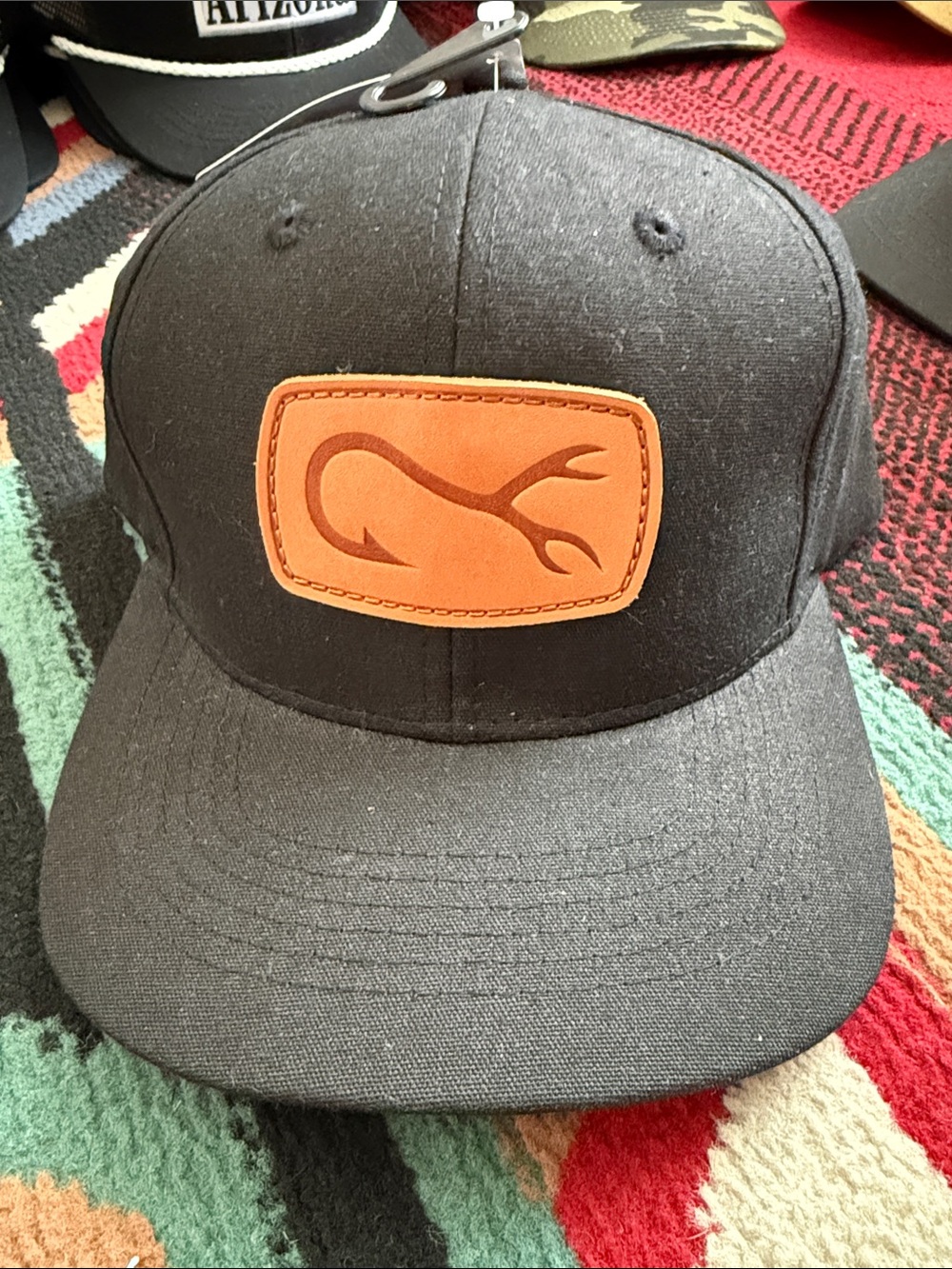 Men's Black Snapback Hat with Tan Leather Patch